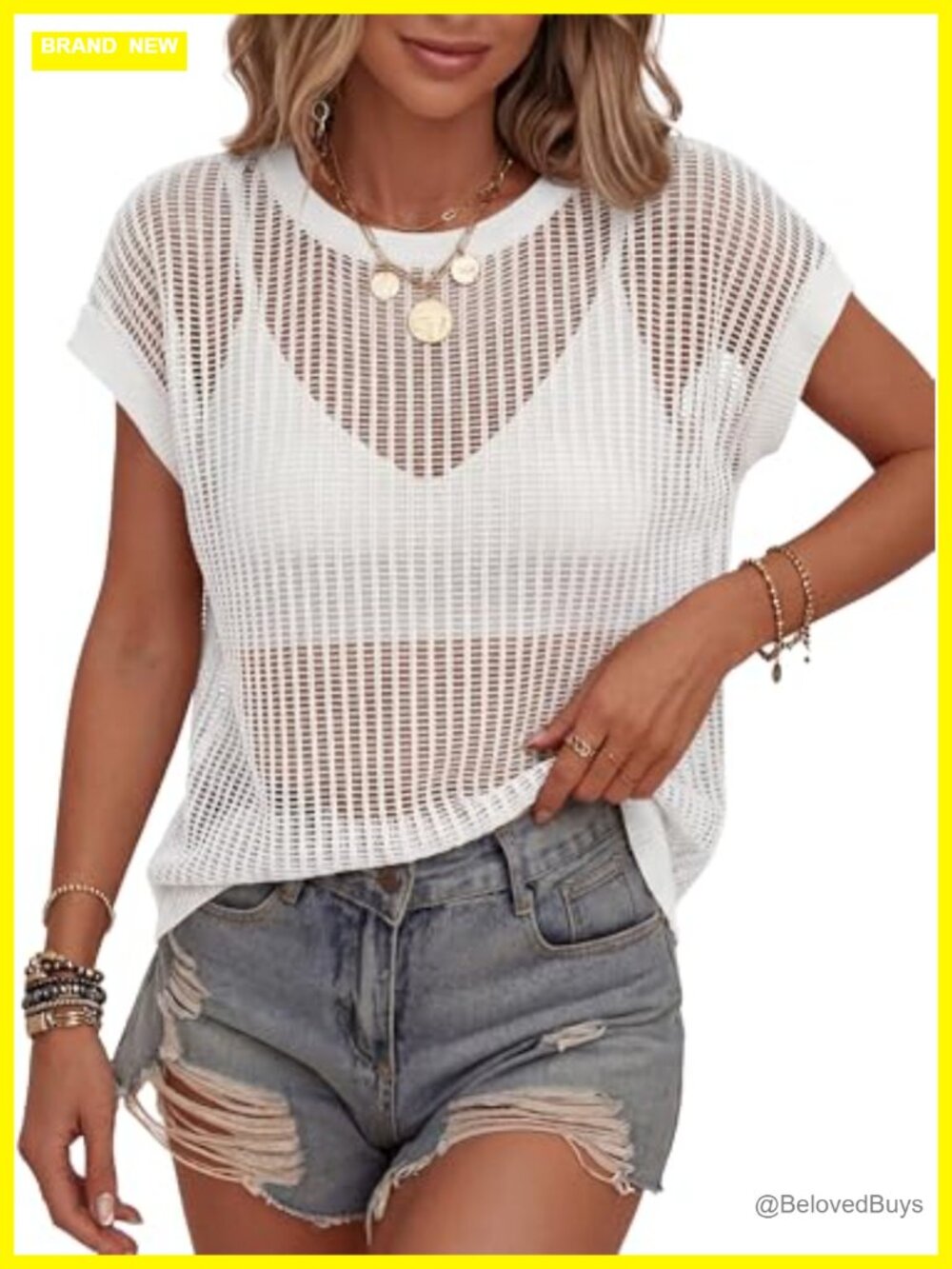 Crochet Mesh Swim Cover Up Top Short Sleeve Crew Neck Pullover